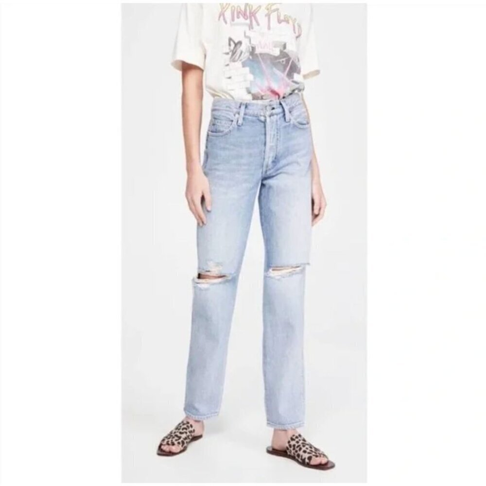 Amo Harlow Straight Leg Jeans in New Retro Destroy Size 27 Light Wash Knee Rips